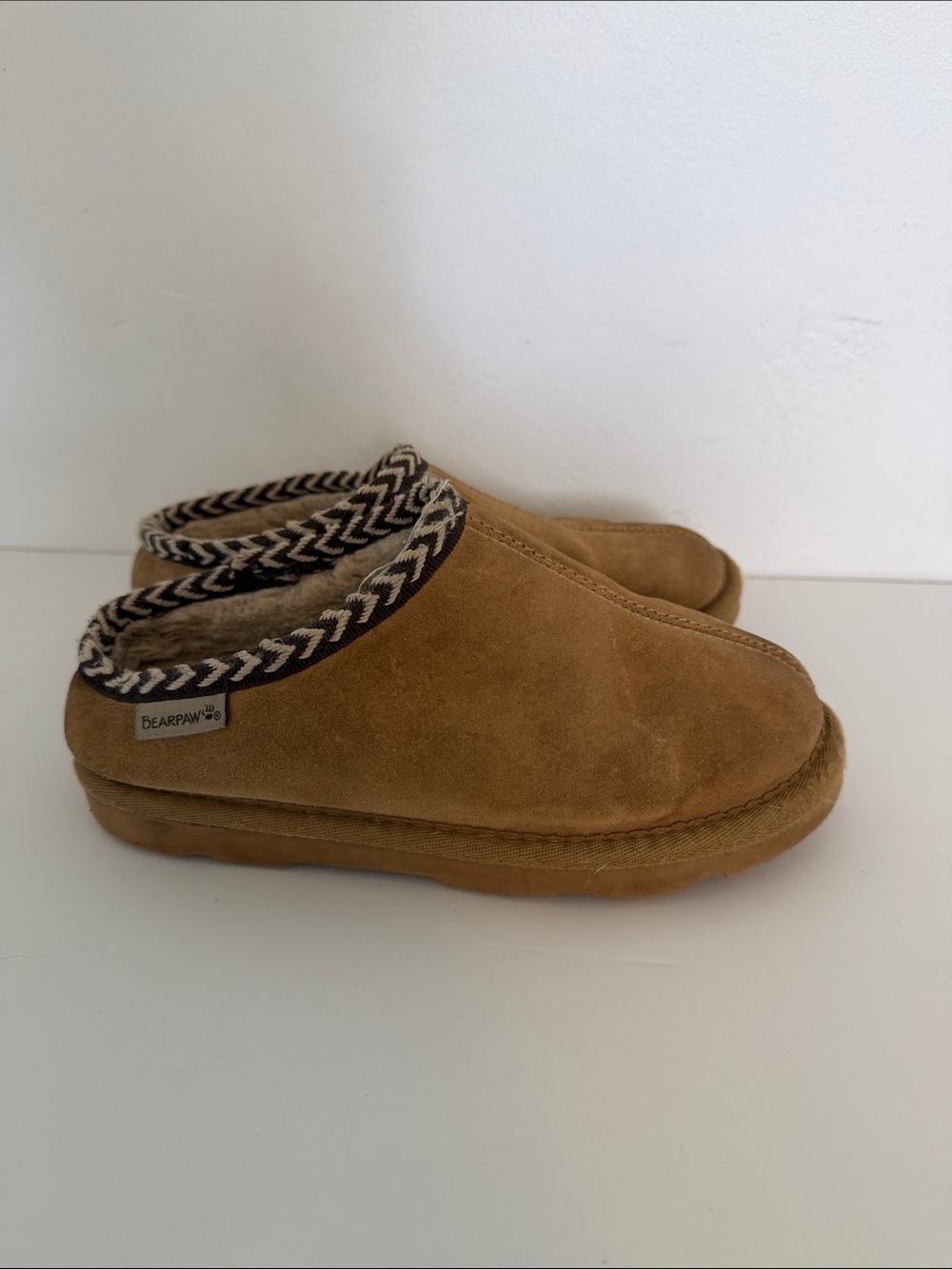 BearPaw Chestnut Suede Shearling-Lined Slip-Ons with Braided Trim